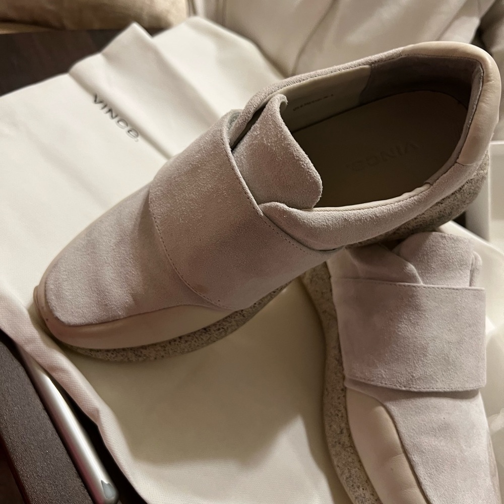 Vince slip on white suede speckled platform heel w/adjustable wrap over closure - Picture 6 of 11